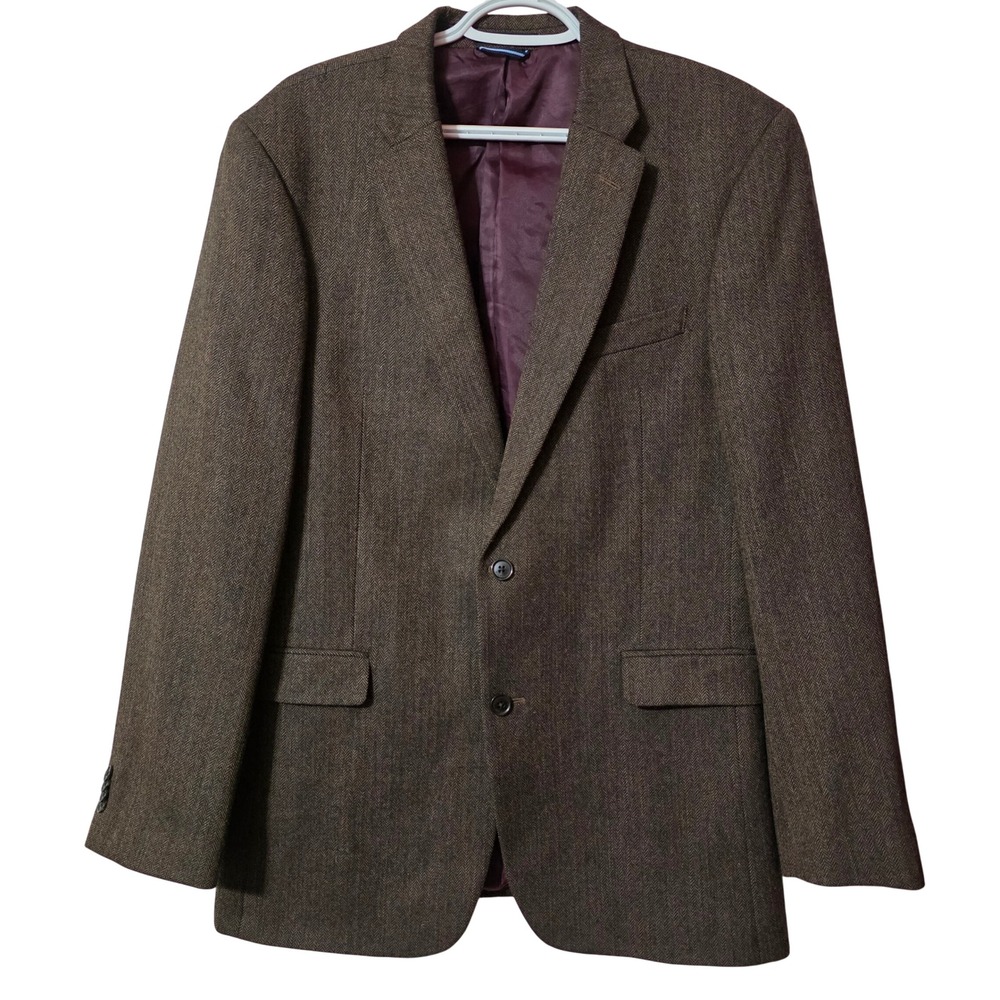 Tommy Hilfiger Mens 40L Blazer Brown Herringbone 100% Wool Sport Coat Jacket
